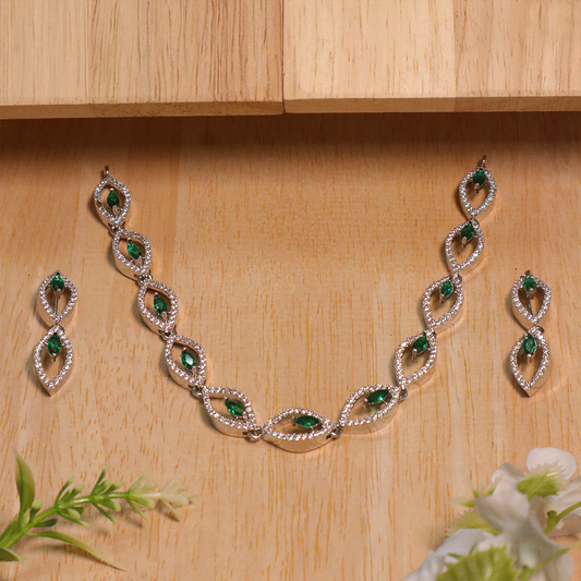 Green Angel Eye American Diamond Necklace With Earrings