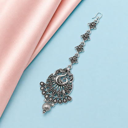 Oxidized Silver Intricate Peacock Maang Tikka for Girls & Women
