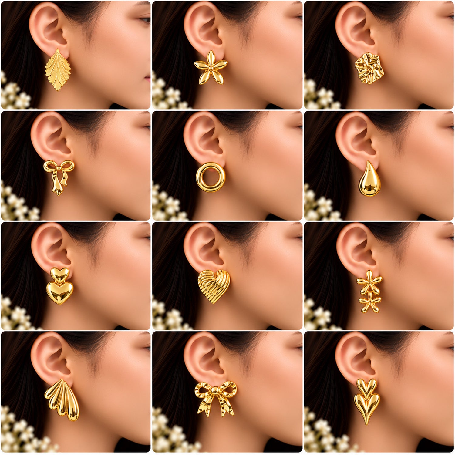 Gold Tone Korean Fashion 16 Pairs Earrings for Women & Girls