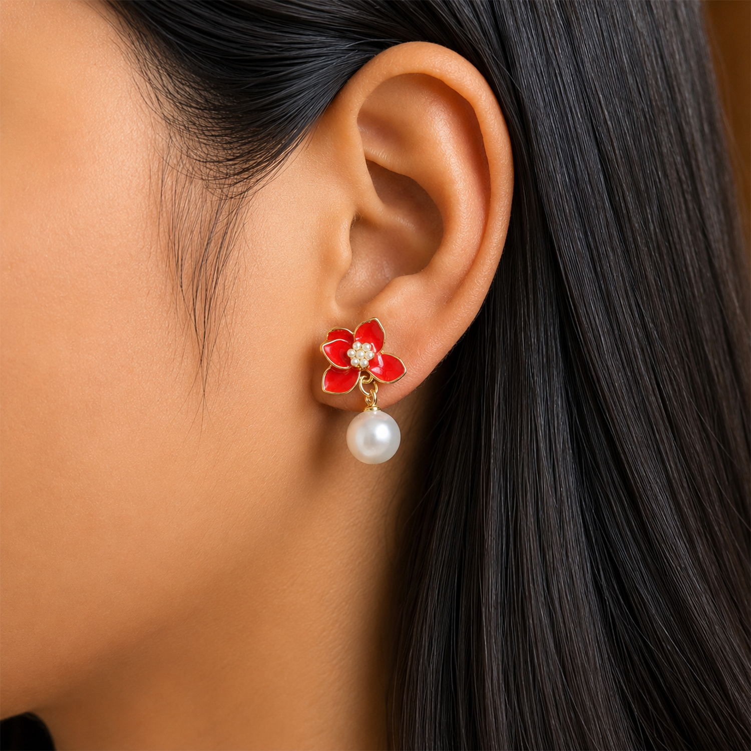 Stylish Vibrant Enamel Petals Pearl Drop Earrings For Girls & Women