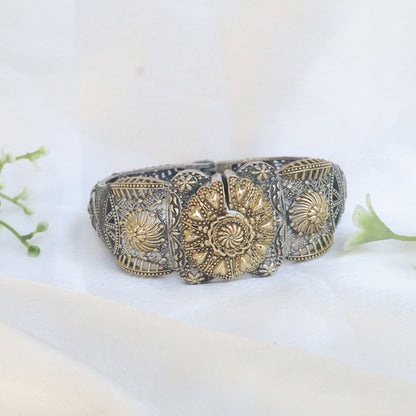 Oxidised Sunburst Medallion Dual Tone Cuff Bracelet