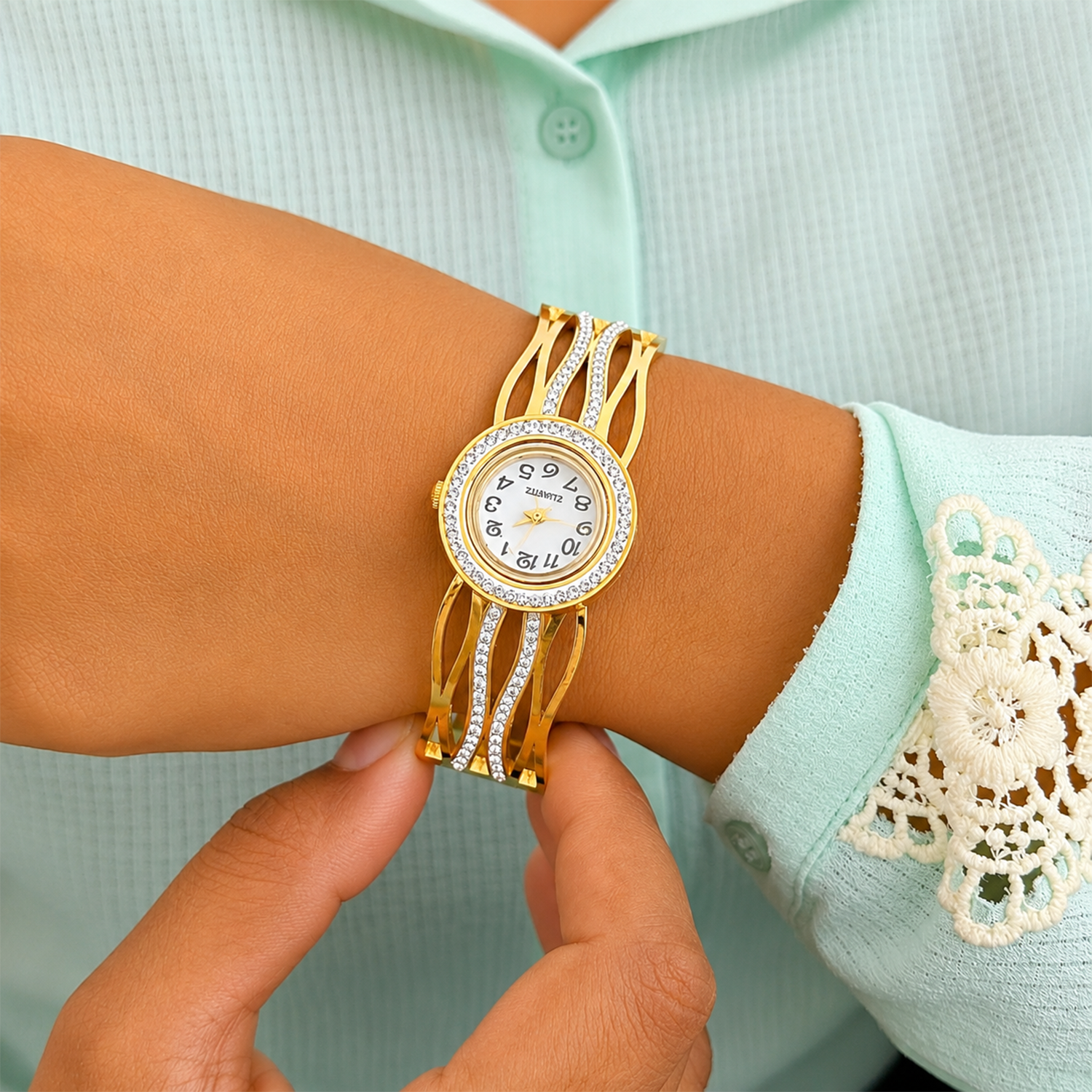 Elegant Ocean Wave Design AD Studded Band Bracelet Watch For Girls & Women
