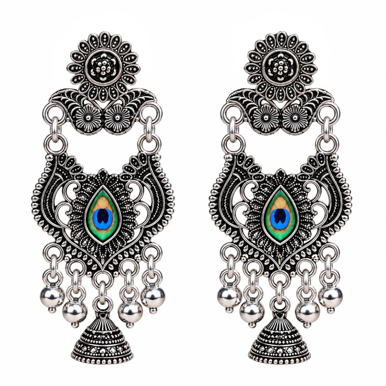 Oxidized Silver Peacock Dangle Earrings for Women