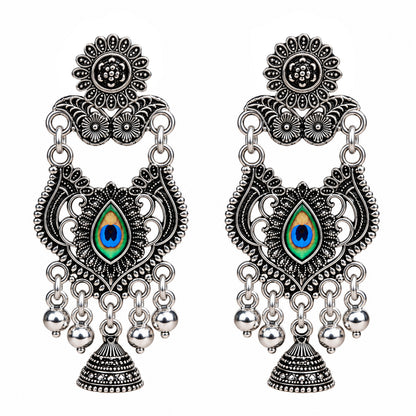 Oxidized Silver Peacock Dangle Earrings for Women