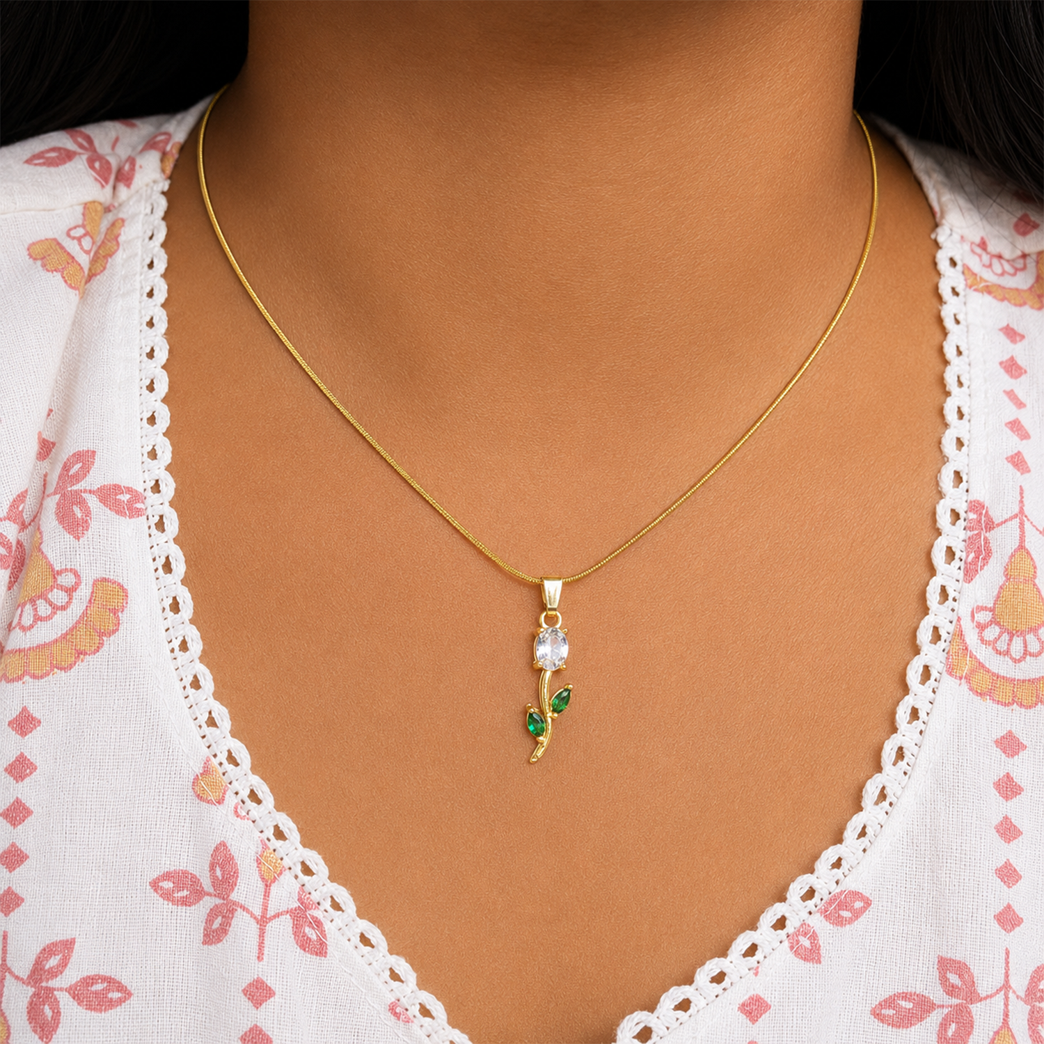 Tulip Two Leaf Floral Pendant Necklace For Girls & Women's