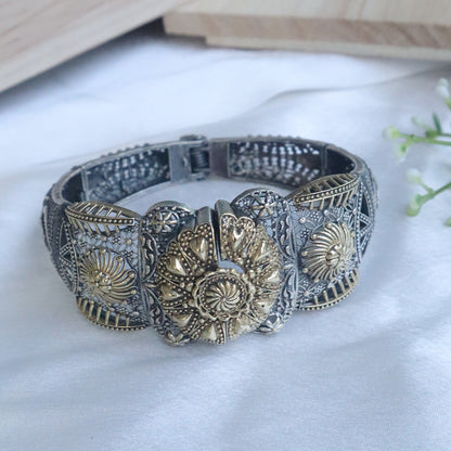 Oxidised Sunburst Medallion Dual Tone Cuff Bracelet