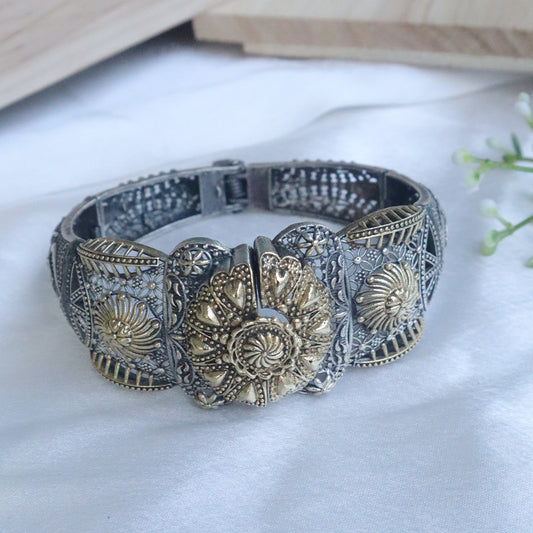 Oxidised Sunburst Medallion Dual Tone Cuff Bracelet