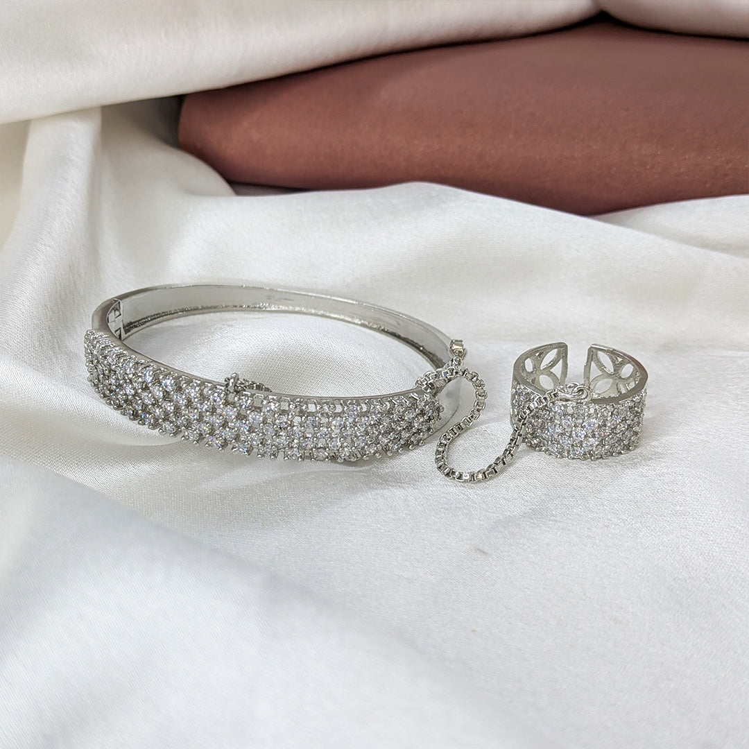 Elegant Silver Finish Four Line AD (American Diamond) Finger Ring Bracelet for Girls & Women