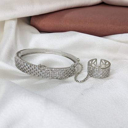 Elegant Silver Finish Four Line AD (American Diamond) Finger Ring Bracelet for Girls & Women