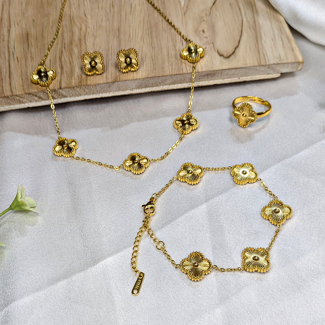 Gold Plated Floral Combo Set with Necklace, Earrings, Ring & Bracelet