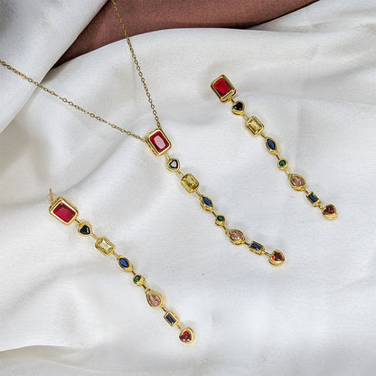 Gold Finish Multicolor Crystal Drop Pendant & Earrings Set for Women