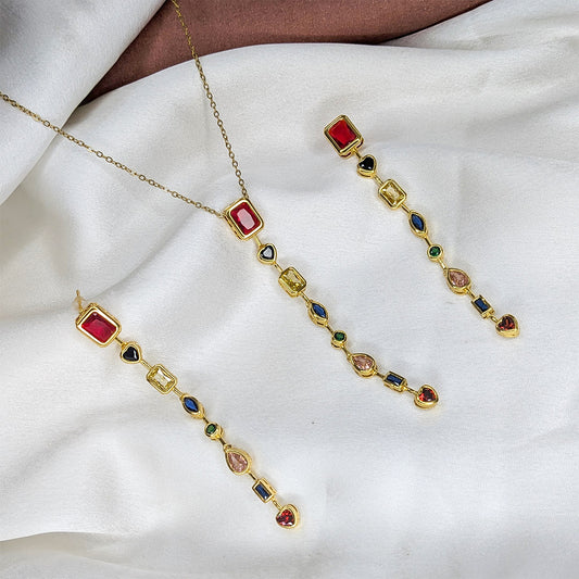 Gold Finish Multicolor Crystal Drop Pendant & Earrings Set for Women