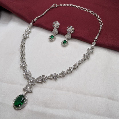 American Diamond Oval Drop Pendant with Leaf-Pattern Detailing Necklace Set