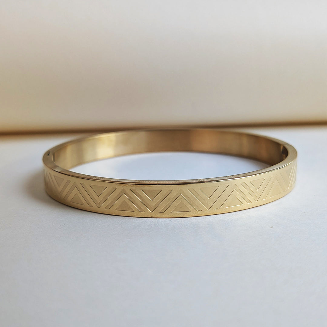 Gold Plated Geometric Triangle Engraved Designer Stainless Steel Bracelet For Men