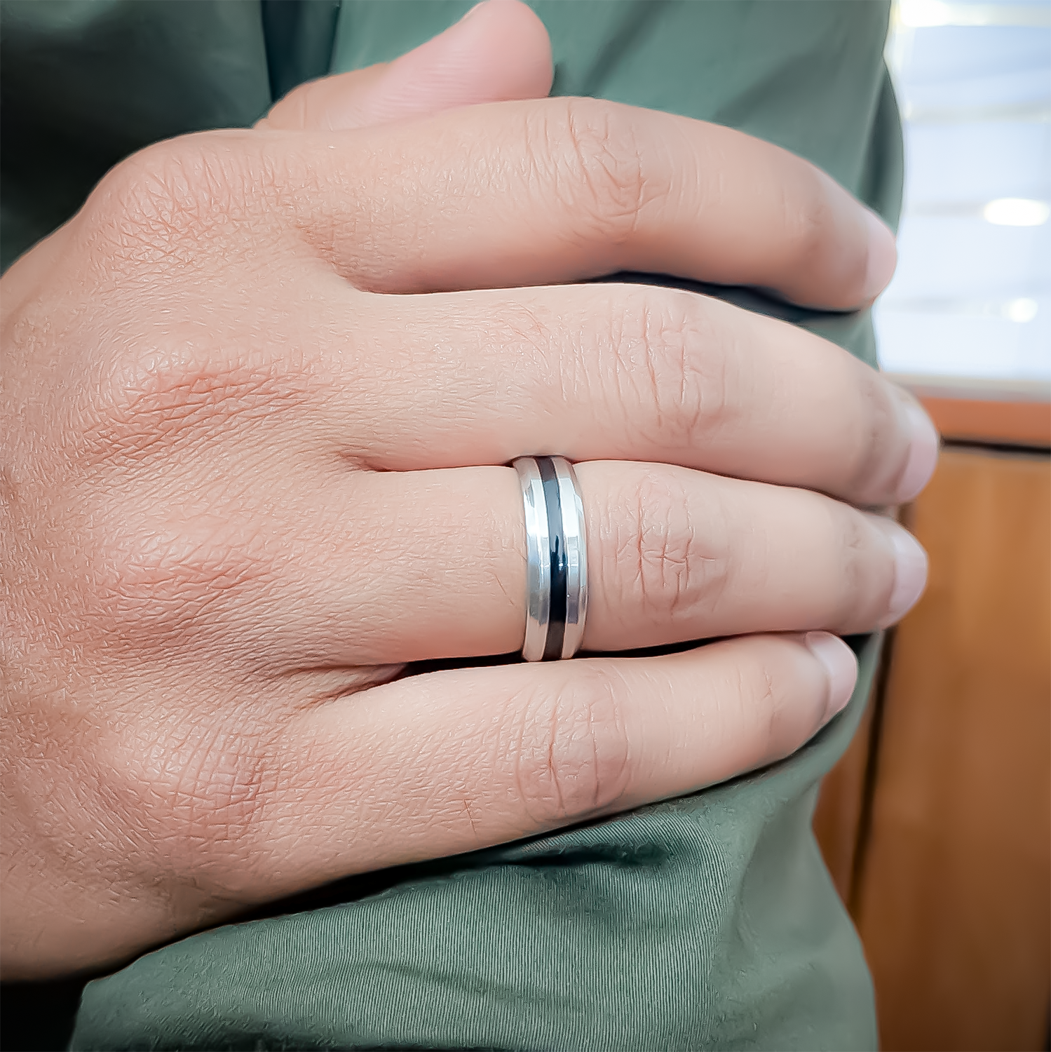 Distinct Black Inlay Groove Band Ring for Men & Women
