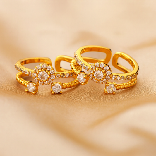 Gold Plated Adjustable CZ Toe Rings – Floral Sparkle Design (Set of 2)