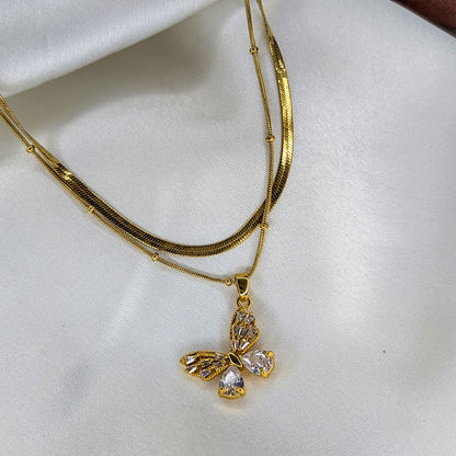 Gold Plated Elegant CZ Crystal Butterfly Stainless Steel Pendant For Girls & Women