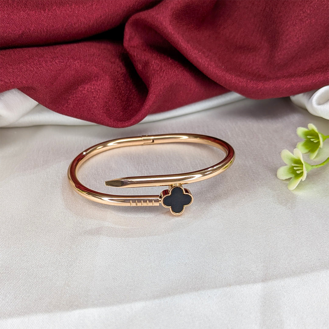 Elegant Nail Design Bracelet With Floral Black Enamel Charm For Girls & Women