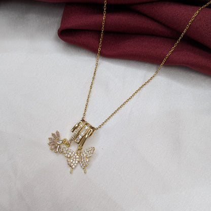 Gold Finish AD Stone Butterfly & Sun Charm Layered Pendant for Girls & Women