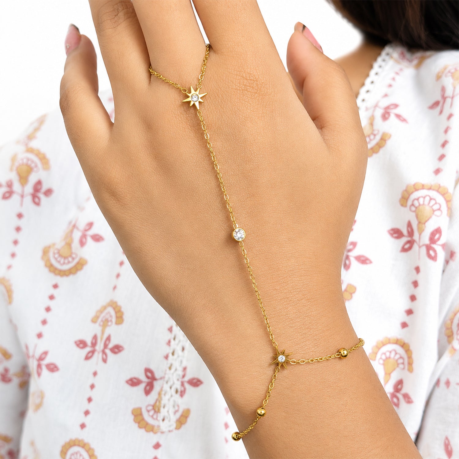 Crystal Star & Orbit Bead Heart Trail Hand Harness Bracelet For Girls & Women's
