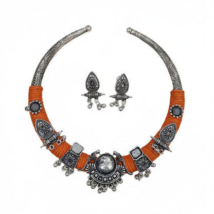 Handcrafted Oxidized Silver Tribal Necklace Set With Orange Thread Work ( Navratri Special )