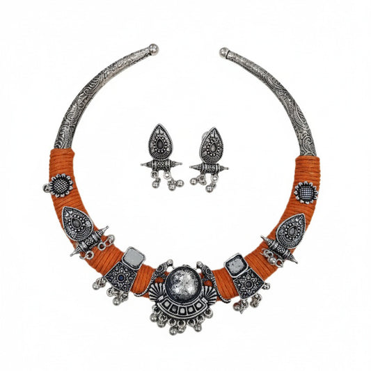 Handcrafted Oxidized Silver Tribal Necklace Set With Orange Thread Work ( Navratri Special )