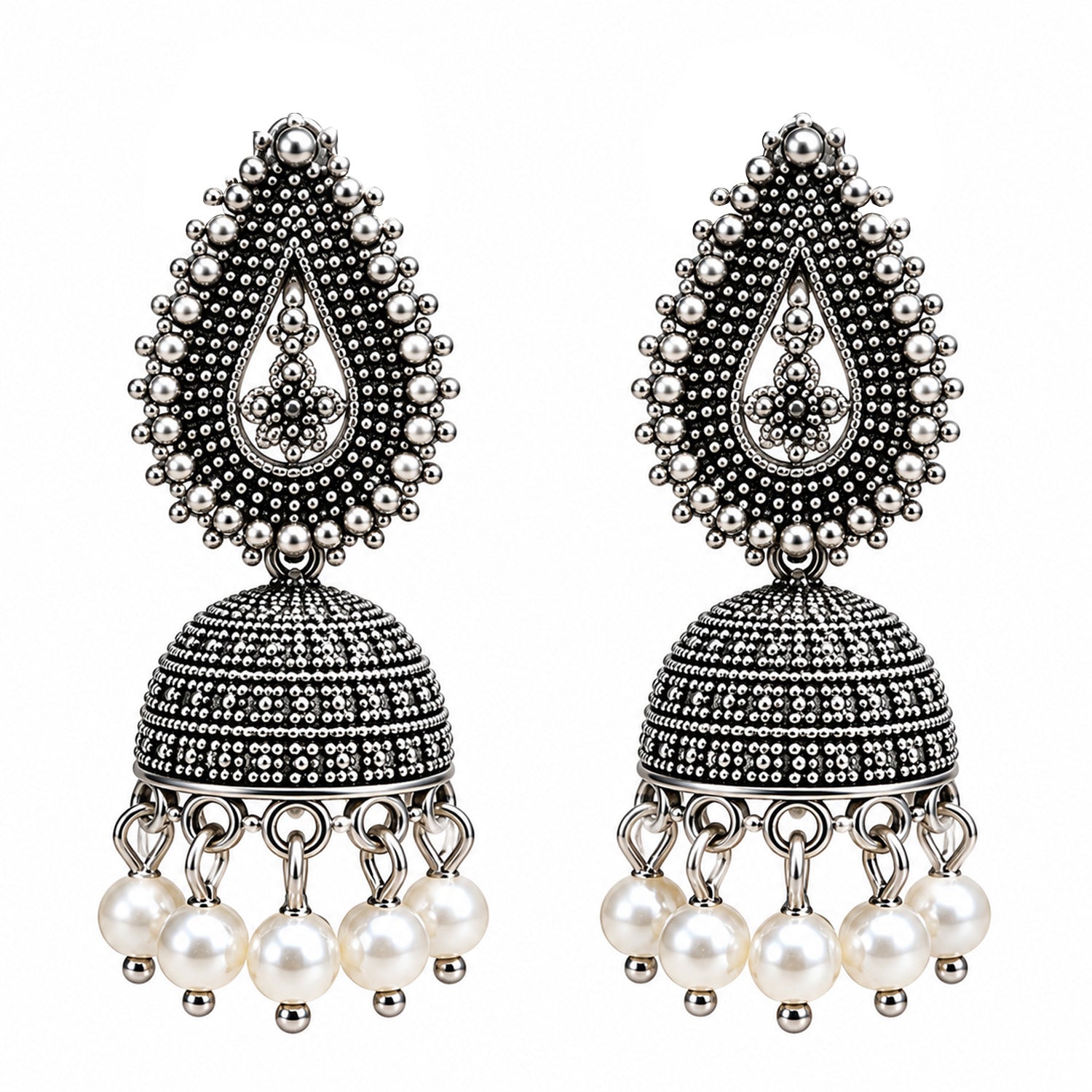 Oxidized Silver Paisley Jhumka Earrings with Pearl Drops for Women