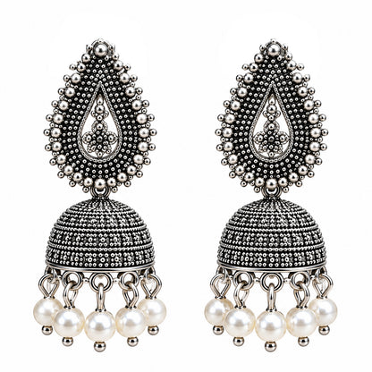 Oxidized Silver Paisley Jhumka Earrings with Pearl Drops for Women
