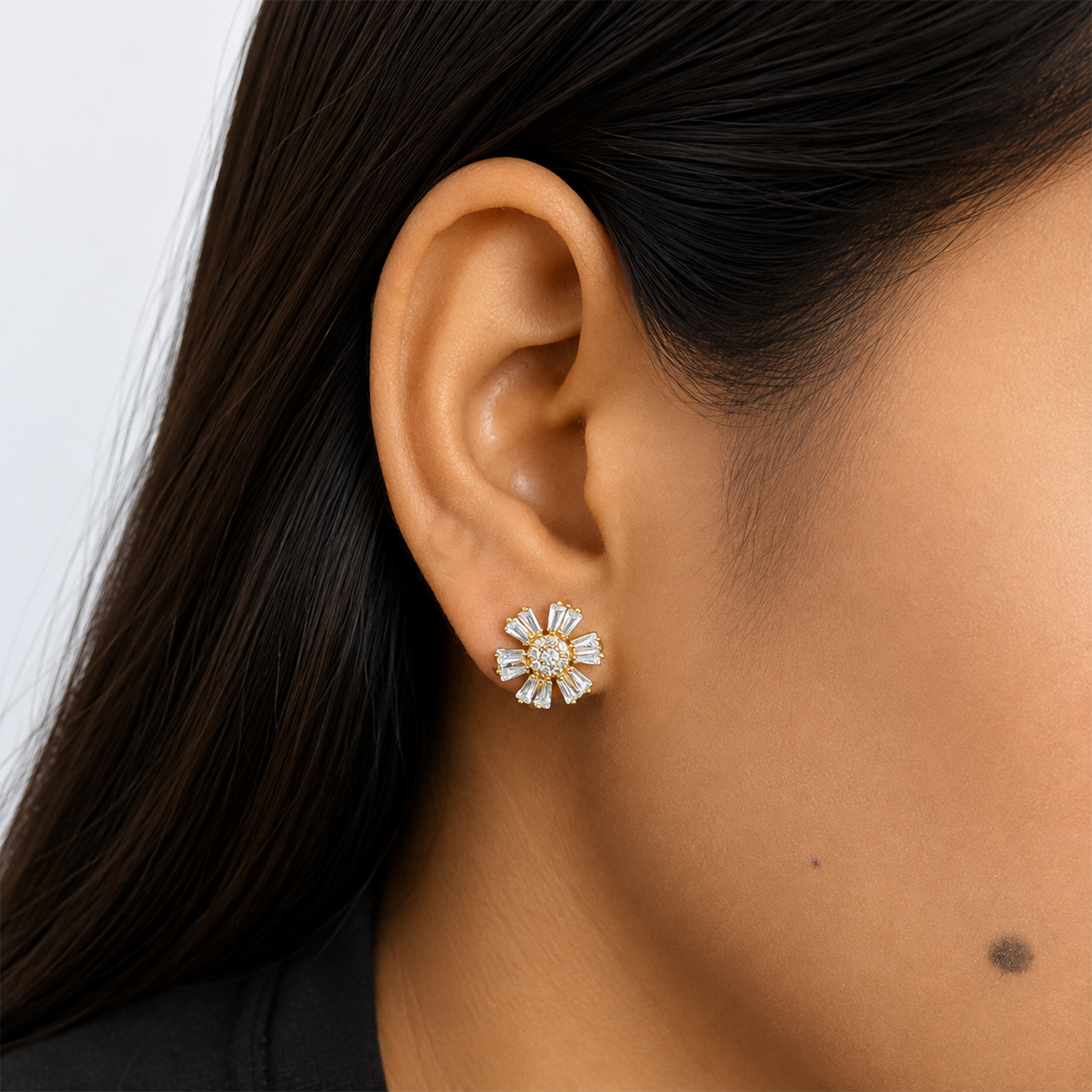 Flower Earrings with Radiating Baguette-Style AD for Women & Girls