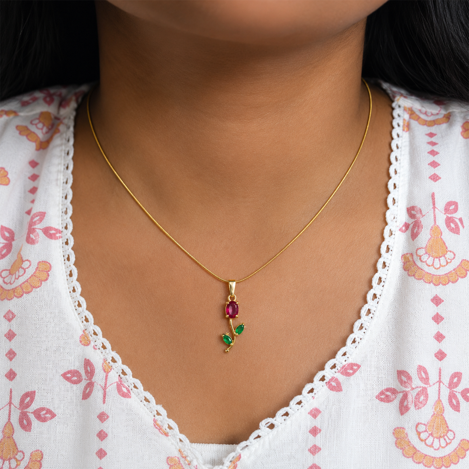Tulip Two Leaf Floral Pendant Necklace For Girls & Women's