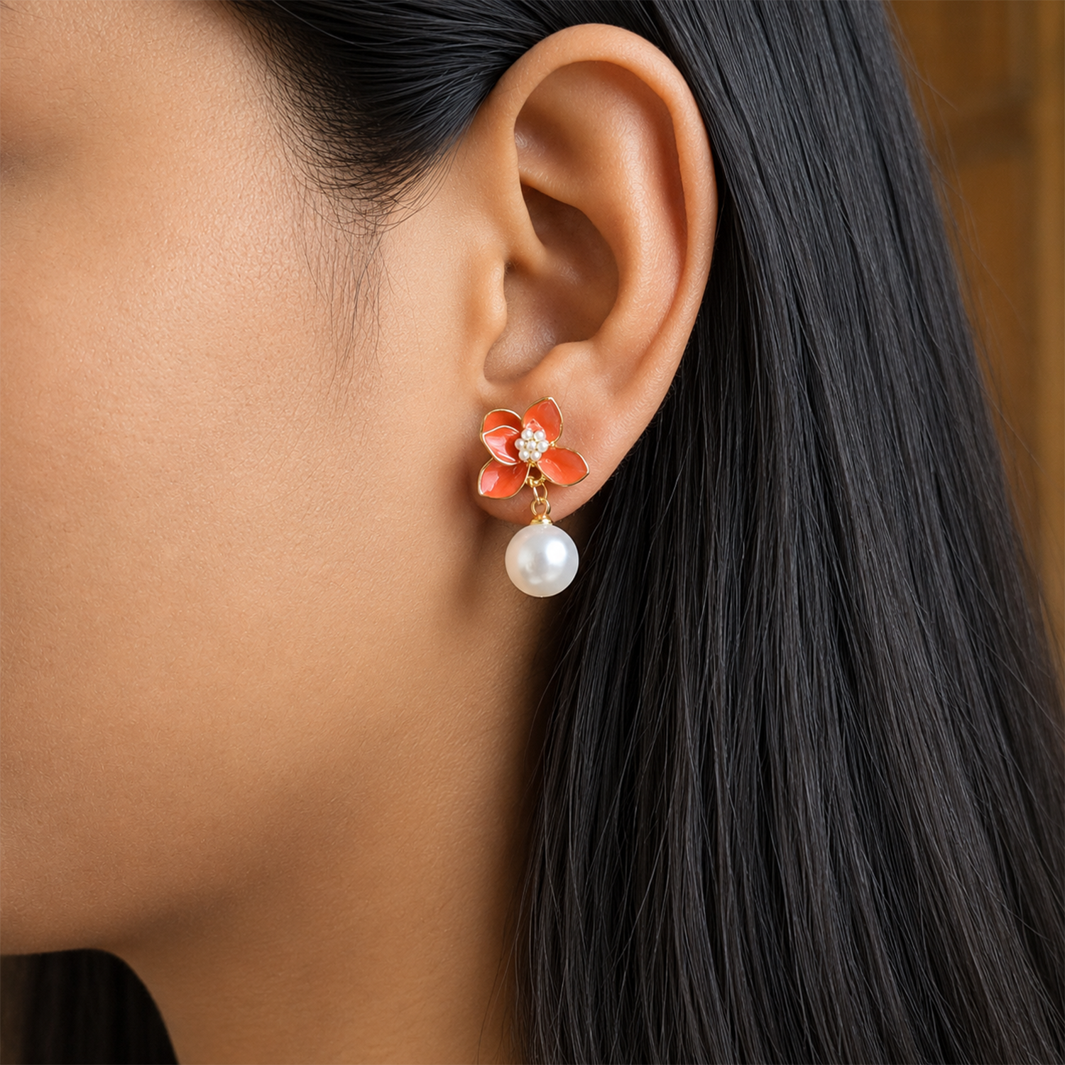Stylish Vibrant Enamel Petals Pearl Drop Earrings For Girls & Women