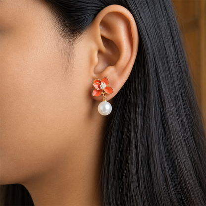 Stylish Vibrant Enamel Petals Pearl Drop Earrings For Girls & Women