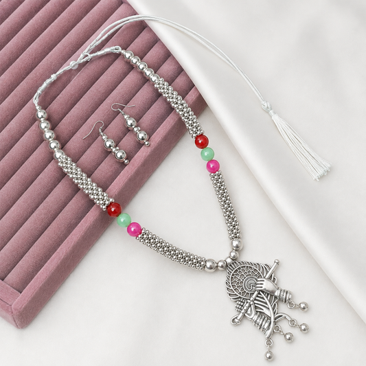 Oxidized Silver Hornbell Multi Beads Pendant Set for Girls & Women