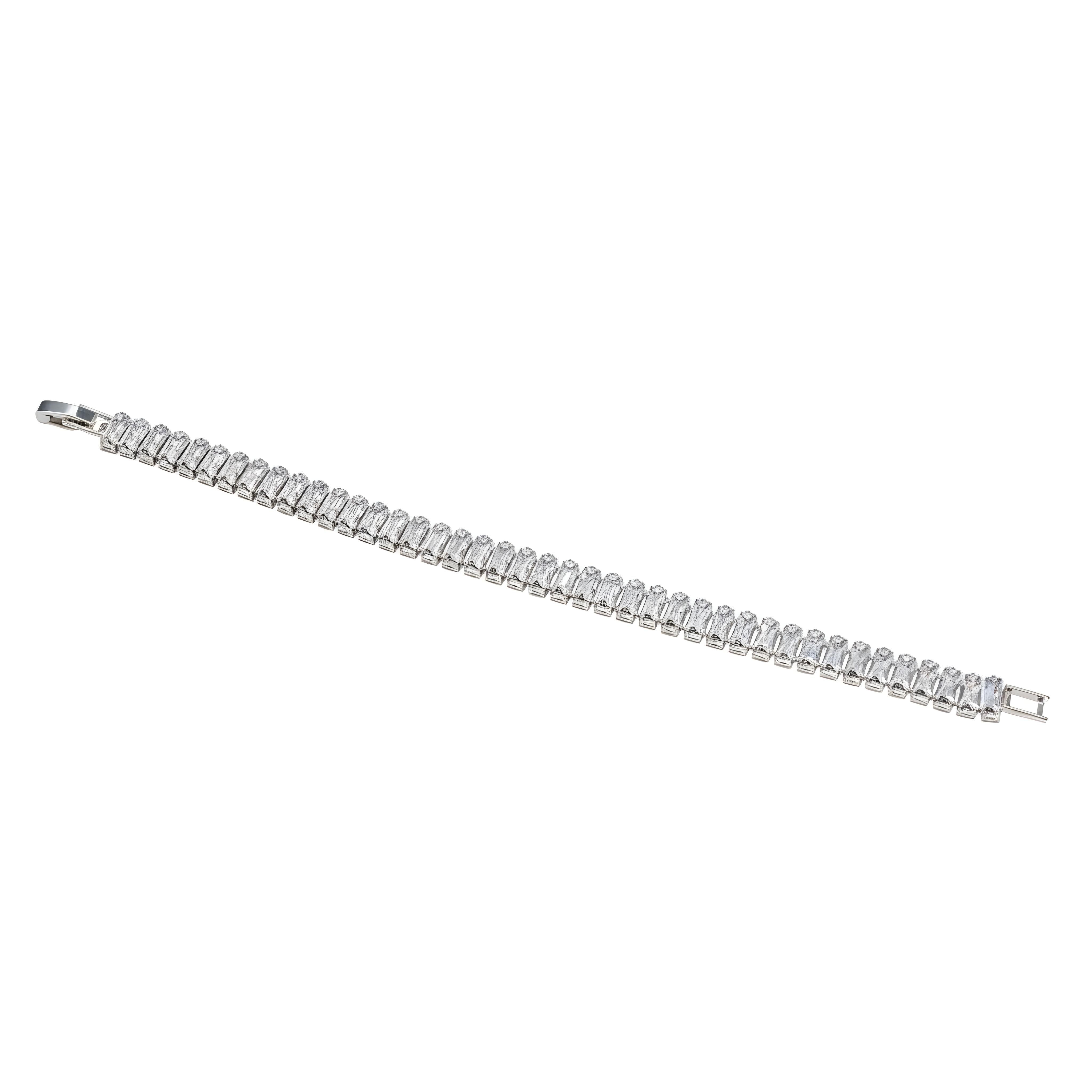Silver-Tone Baguette Cut CZ Tennis Bracelet (Anti-Tarnish)