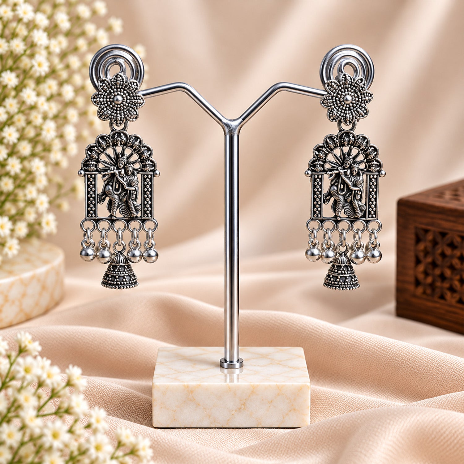 Oxidised Silver Radha Krishna Jhumka Earrings for Women