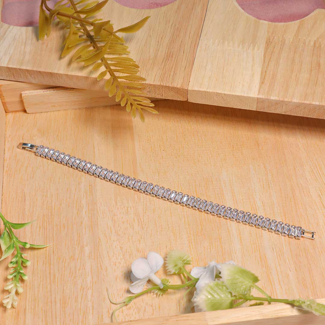 Silver-Tone Baguette Cut CZ Tennis Bracelet (Anti-Tarnish)