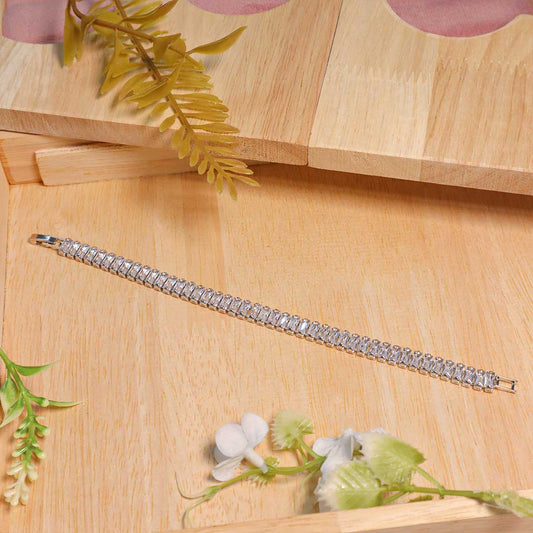 Silver-Tone Baguette Cut CZ Tennis Bracelet (Anti-Tarnish)