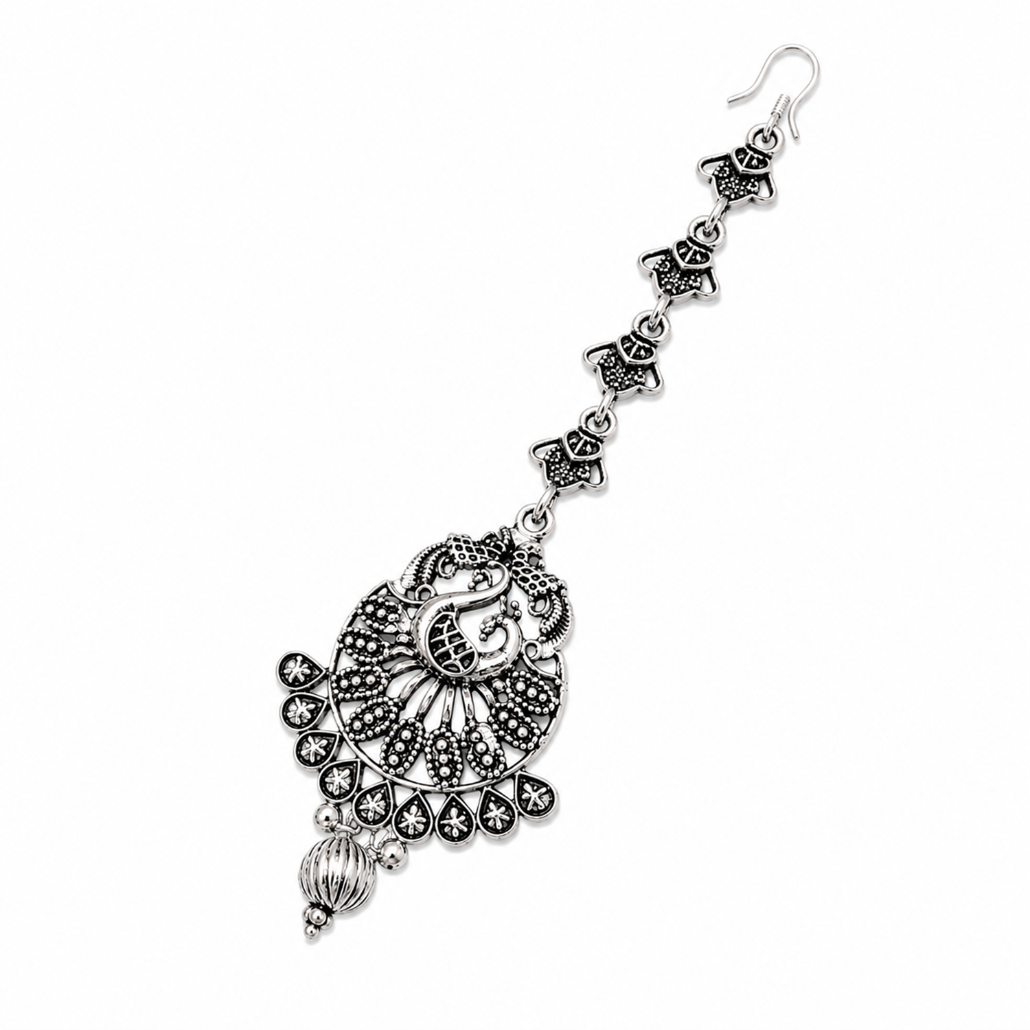 Oxidized Silver Intricate Peacock Maang Tikka for Girls & Women