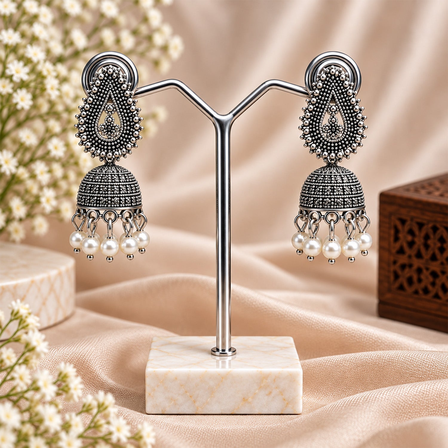 Oxidized Silver Paisley Jhumka Earrings with Pearl Drops for Women