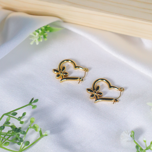 18K Gold Plated Heart Shape Floral Hoop Earrings
