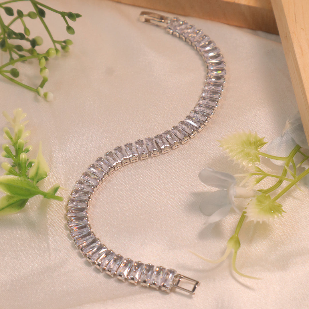 Silver-Tone Baguette Cut CZ Tennis Bracelet (Anti-Tarnish)