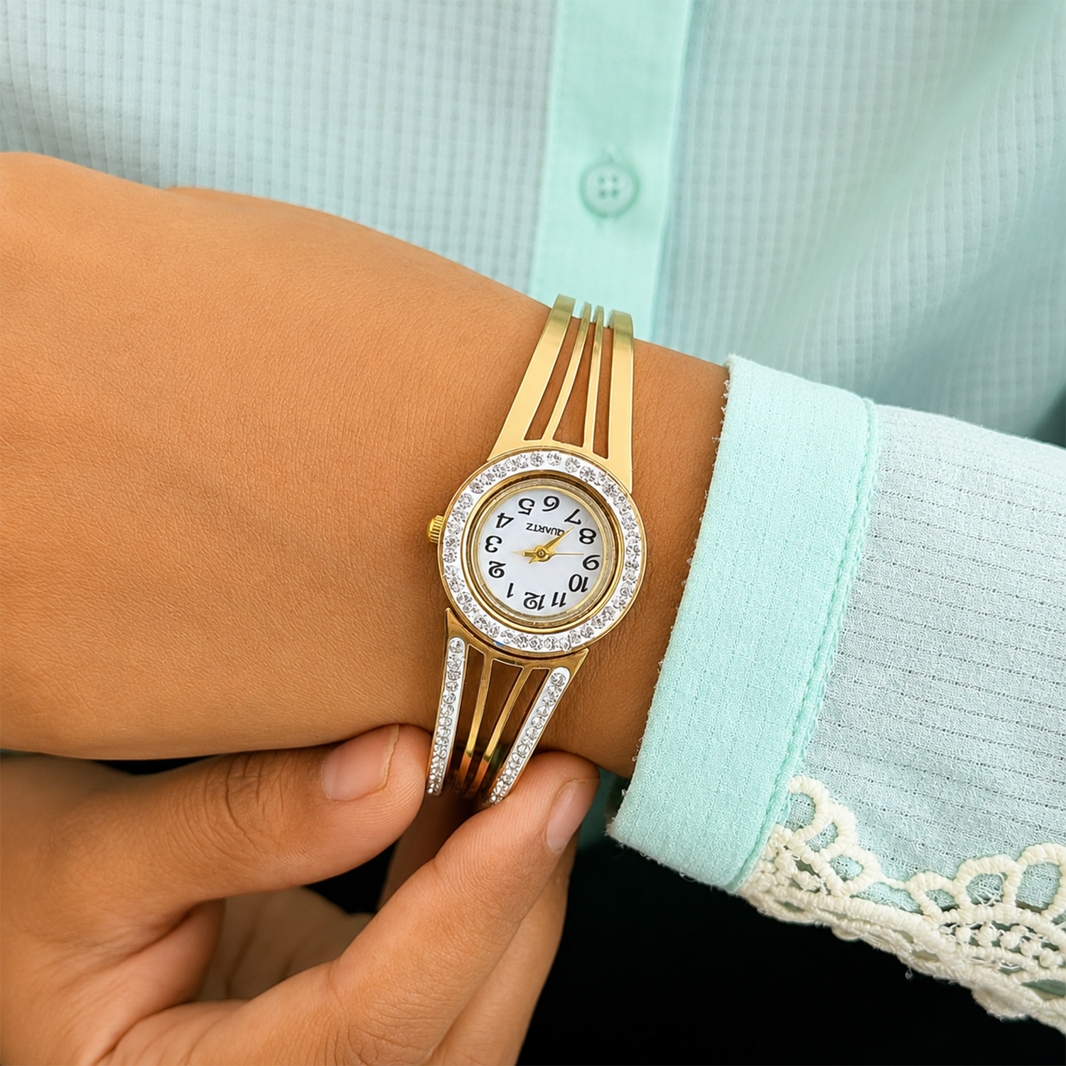 Traditional Dual Line Design AD Studded Band Bracelet Watch For Girls & Women