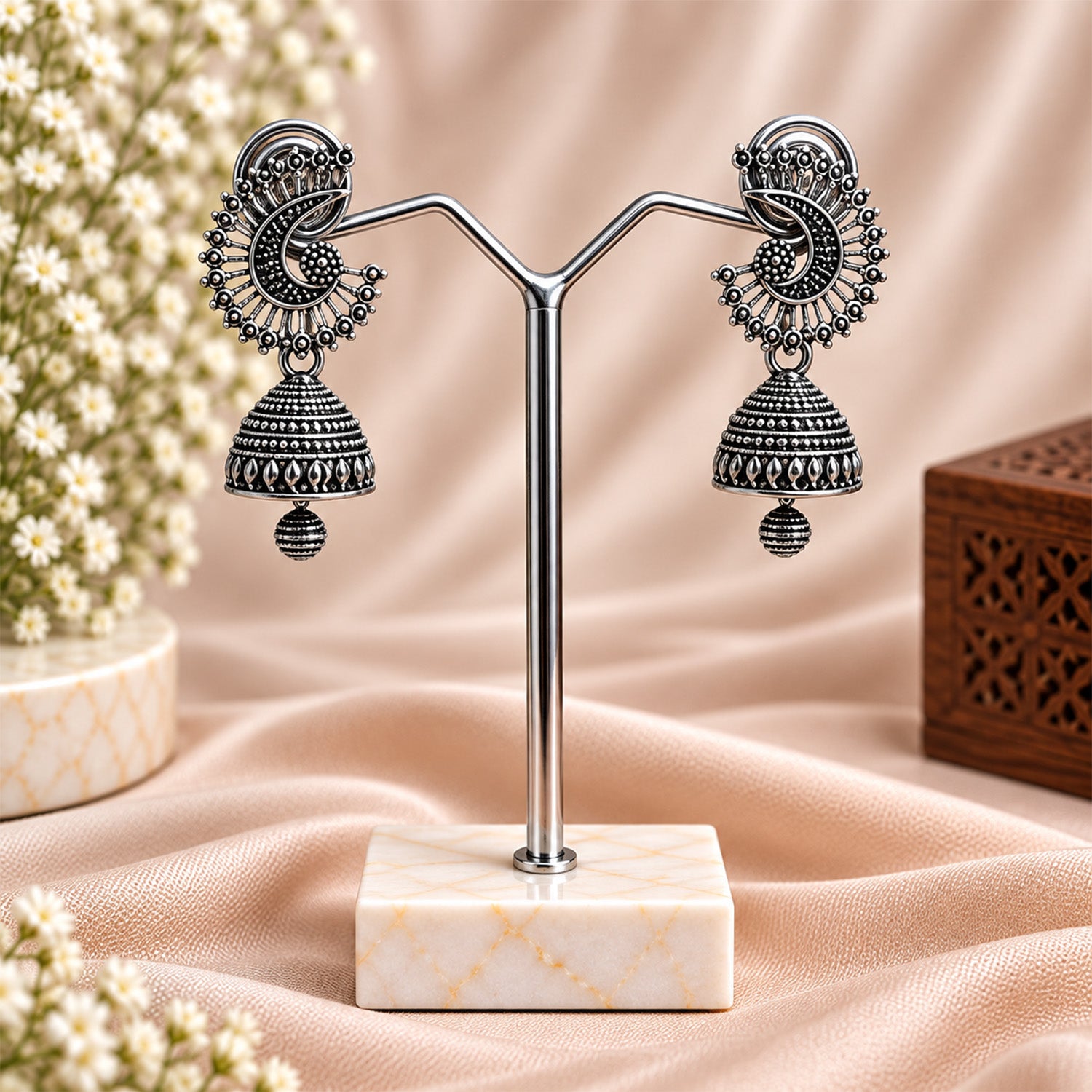 Oxidized Silver Peacock Jhumka Earrings for Women