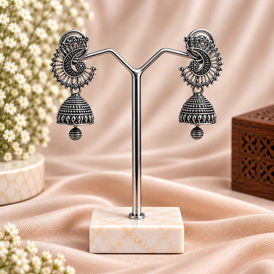 Oxidized Silver Peacock Jhumka Earrings for Women