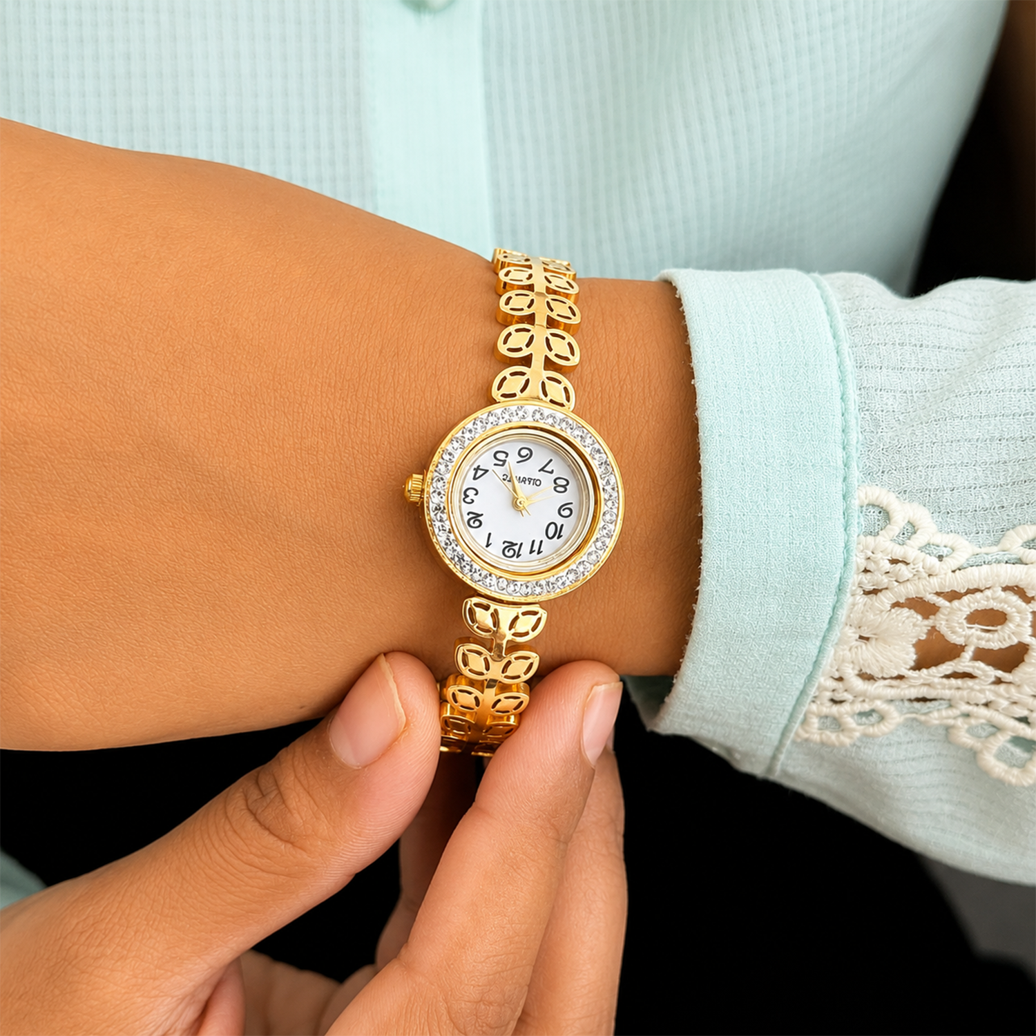 Modern Leaf Design AD Studded Band Bracelet Watch For Girls & Women