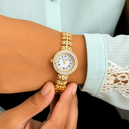 Modern Leaf Design AD Studded Band Bracelet Watch For Girls & Women