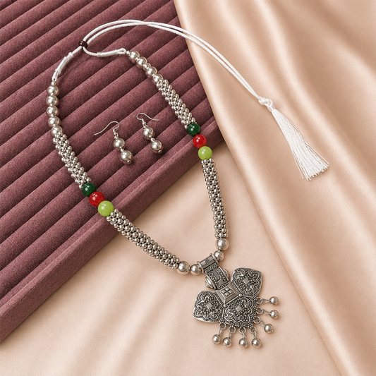 Oxidized Silver Krishna Bansuri Pendant Set for Girls & Women