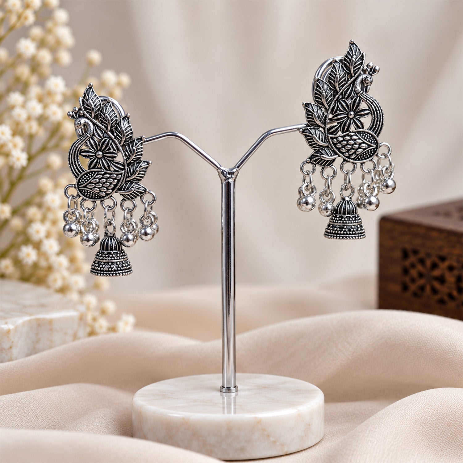 Oxidized Silver Leaf Jhumka Earrings for Women