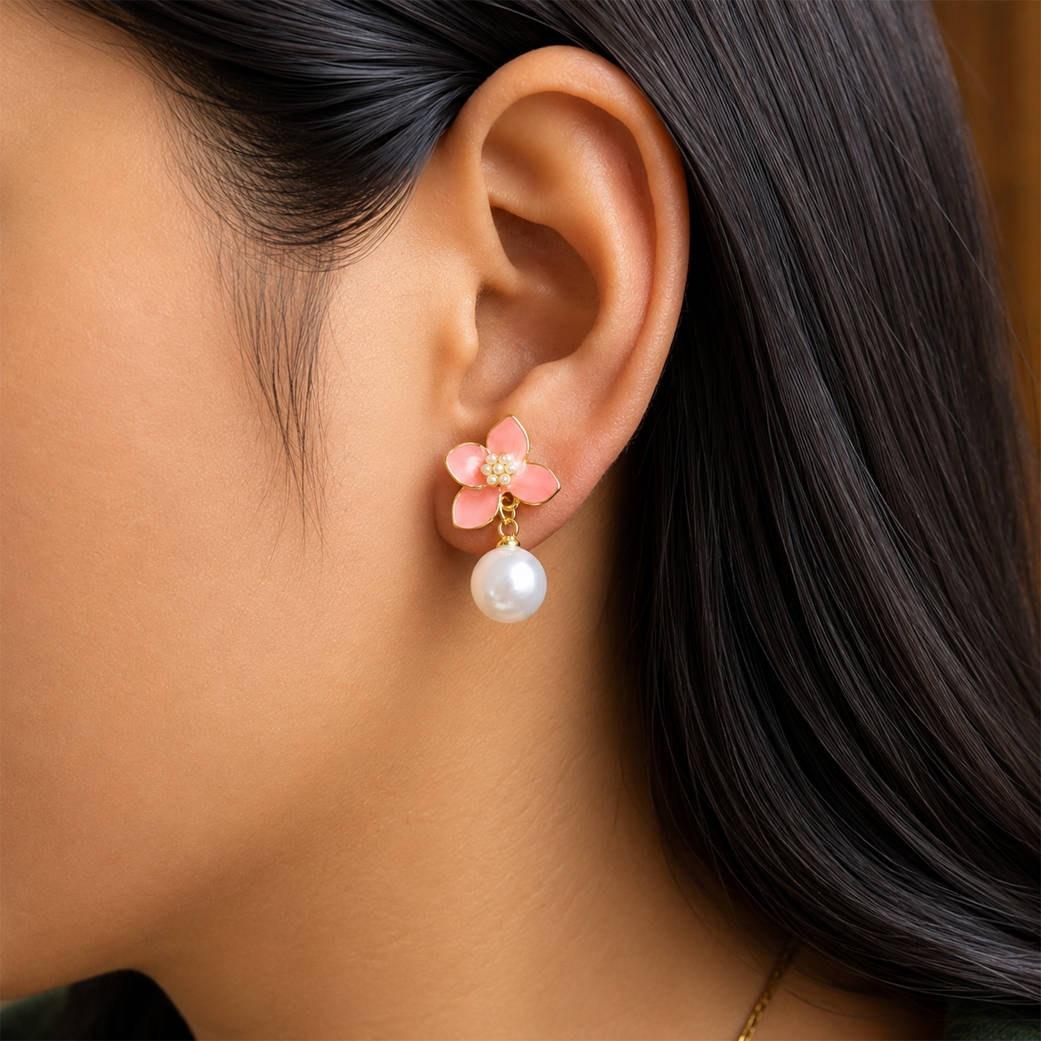 Stylish Vibrant Enamel Petals Pearl Drop Earrings For Girls & Women