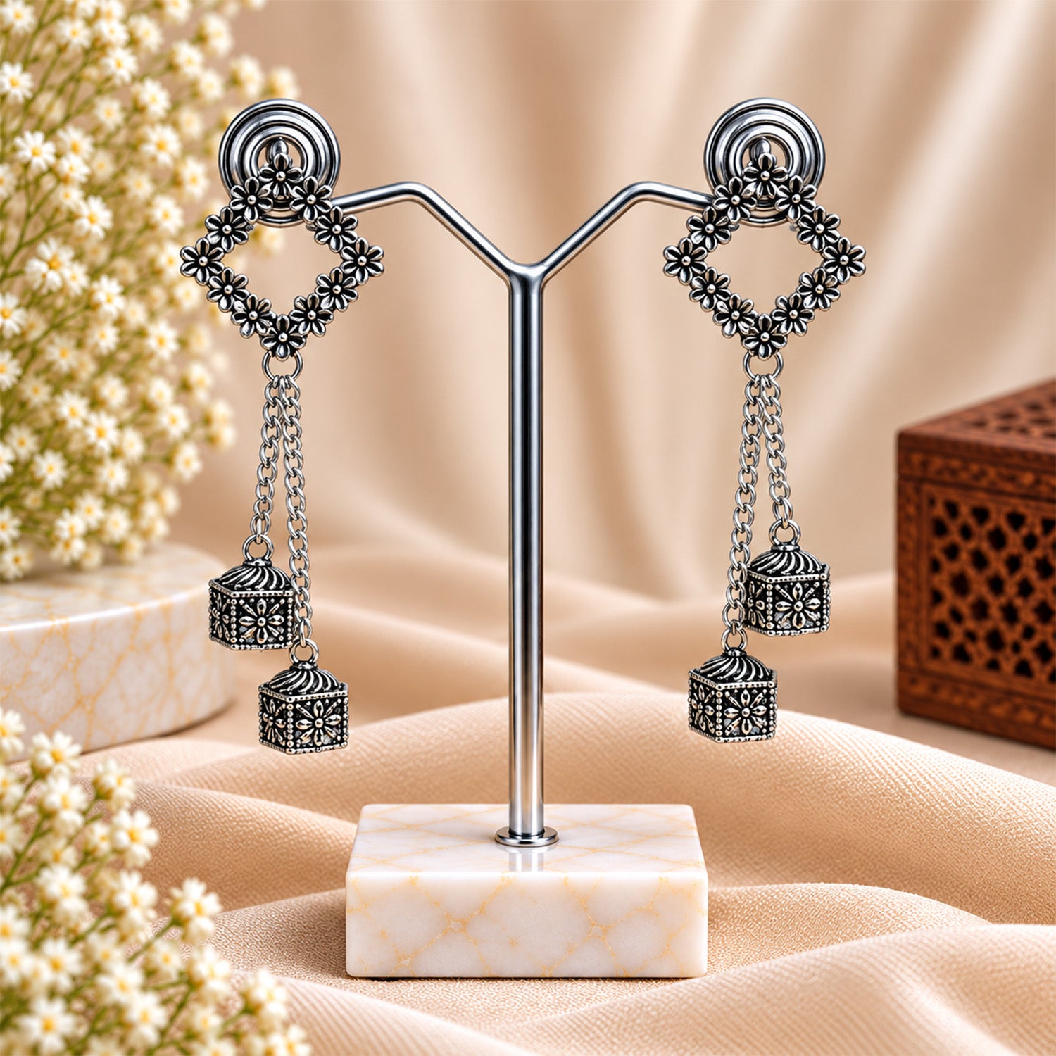 Oxidized Silver Floral Chain Earrings for Women